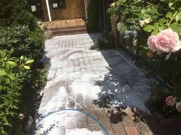 Indkørsel halvt renset — tydeligt før/efter resultat af fliserens