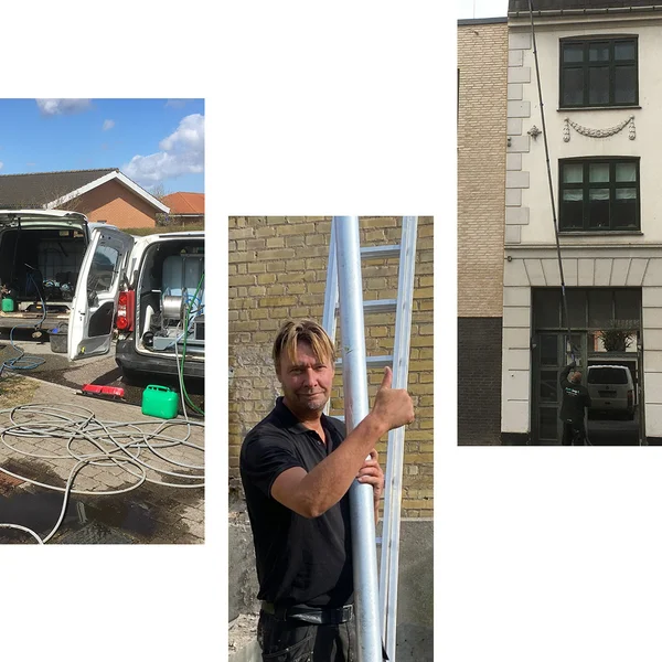 Før og efter billeder af fliserens, algebehandling og tagrenderens